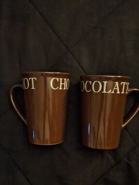 Source Unknown Brown Ceramic 'HOT CHOCOLATE' Mugs - Set of 2 Tall Handles